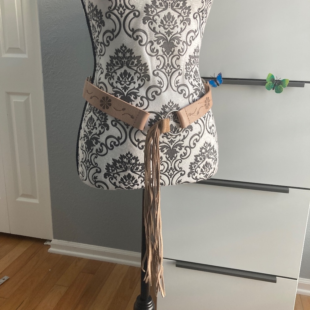 Genuine leather boho embossed tassel belt